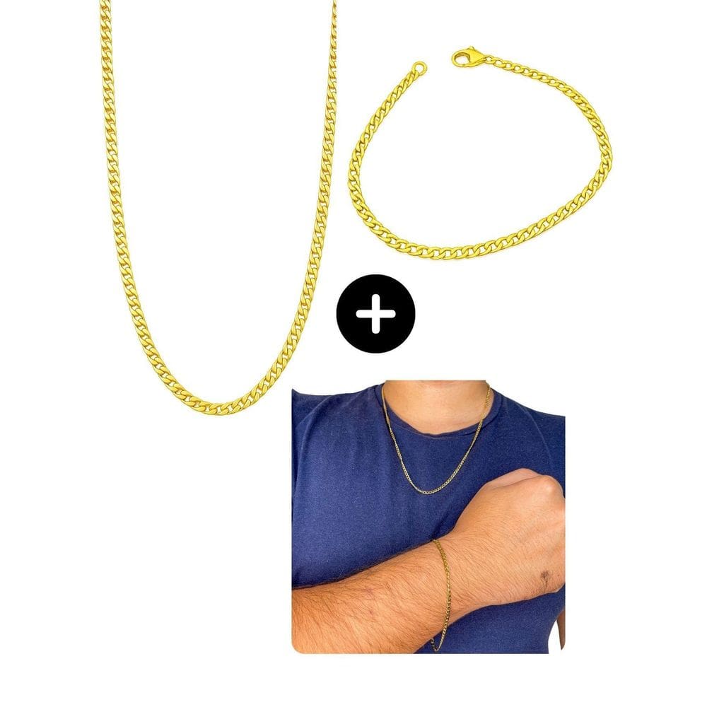 Kit Cordão Correntinha 60Cm+Pulseira Masculina Grumet