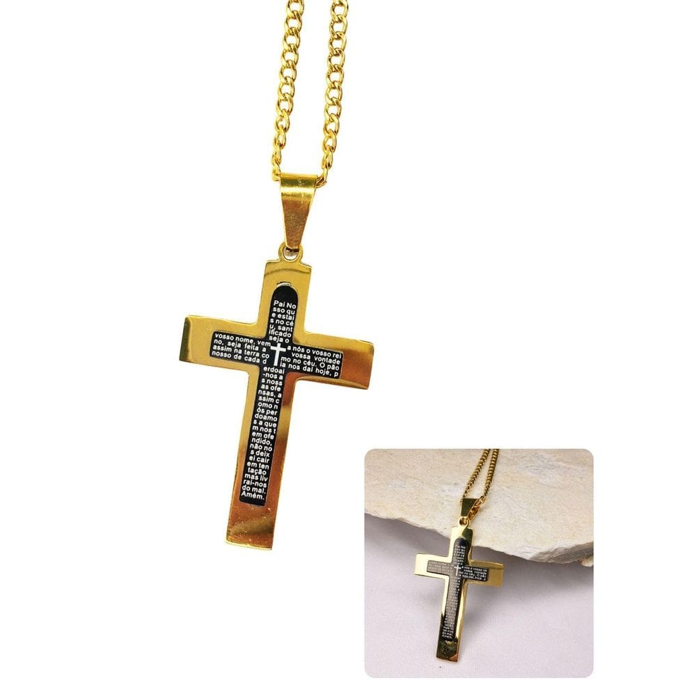 Corrente Cordão Masculino 70Cm Dourado Pingente Cruz Oração