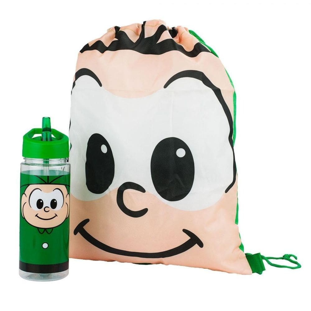 Garrafa Plástico 450Ml Mochila Sacola Cebolinha Turma Mônica