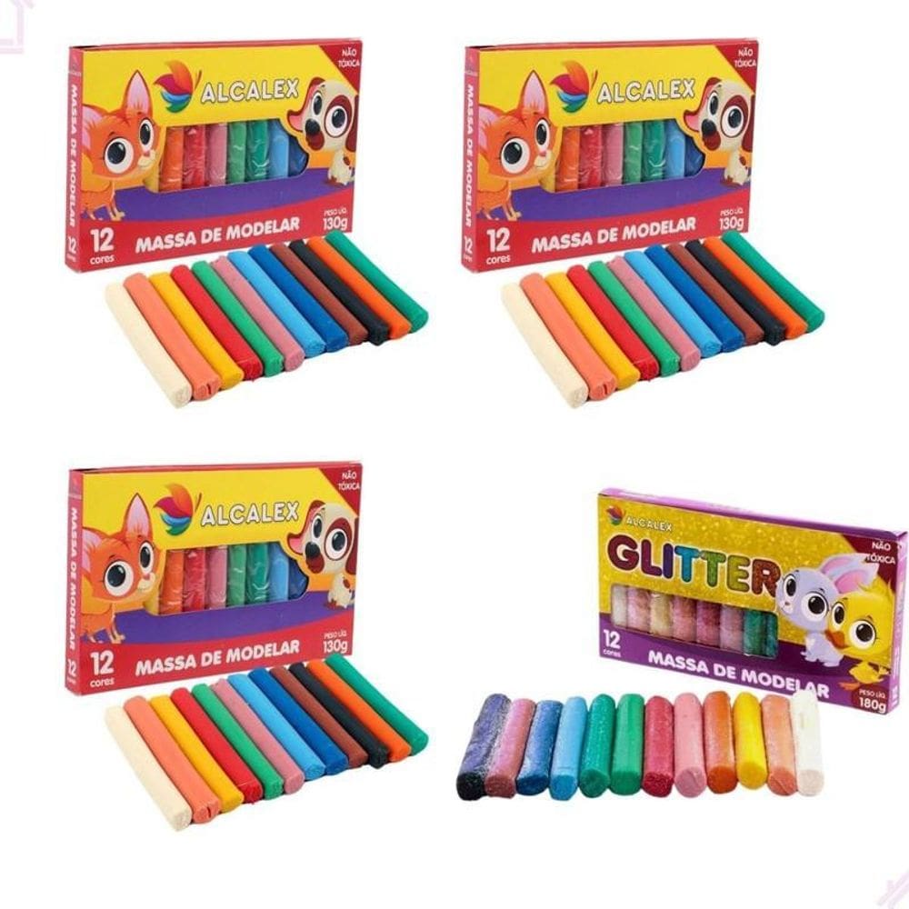 3 Caixas Massinha De Modelar + 1 Glitter Infantil Escolar