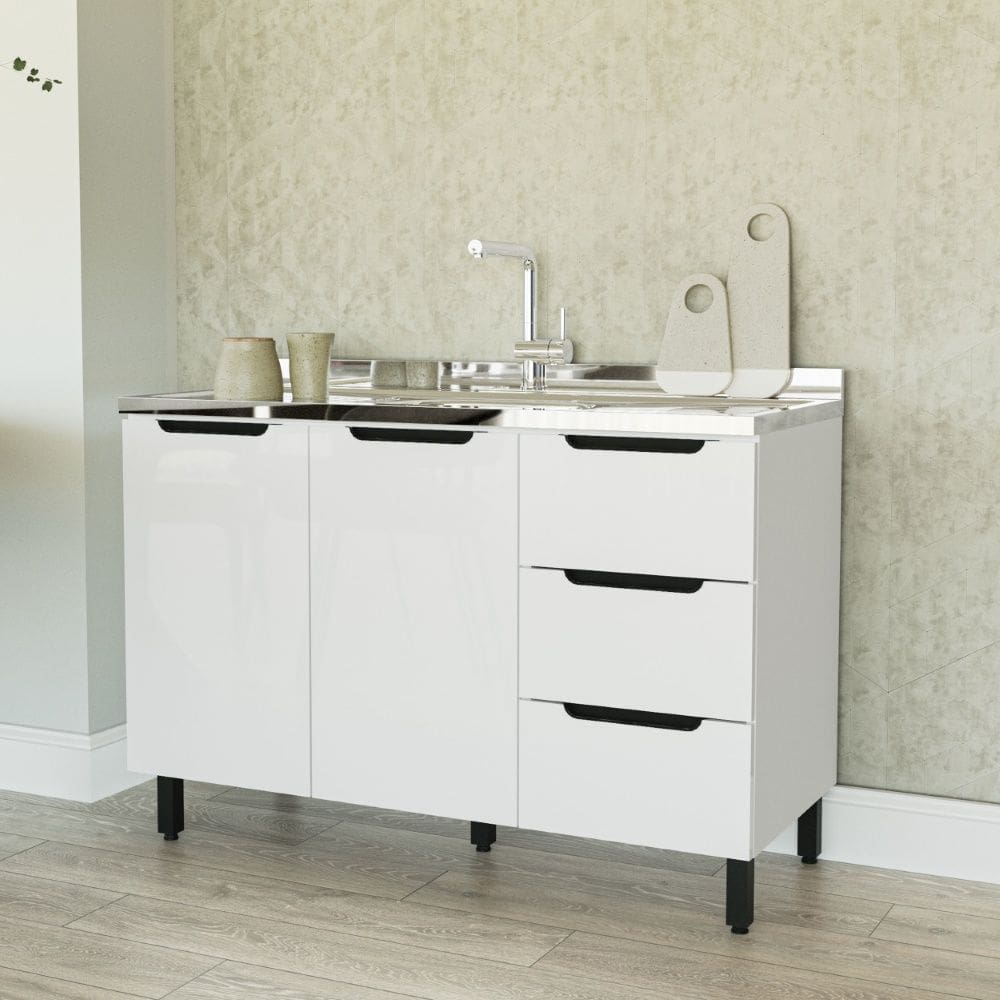 Balcão para Pia 120 cm 2 Portas 3 Gavetas Meena Branco Politorno Móveis