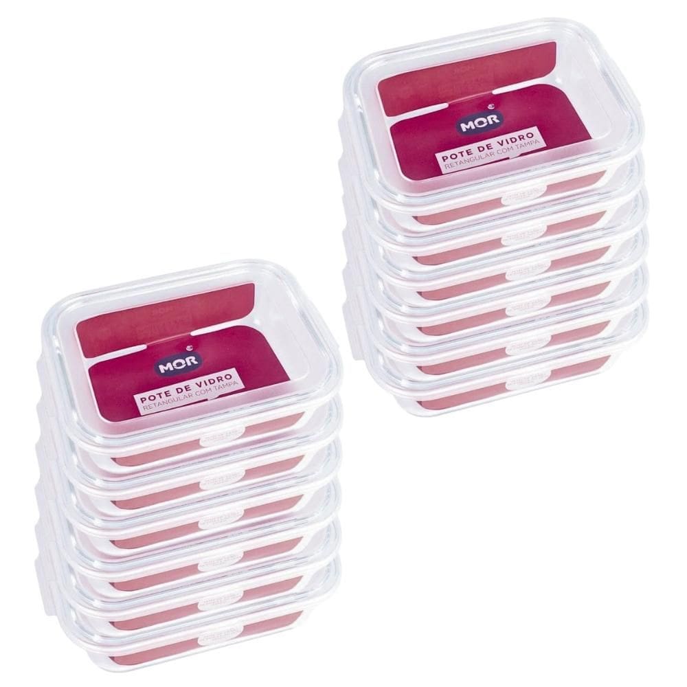 Kit 12 Potes Hermético Marmita de Vidro Retangular 640ml Mor