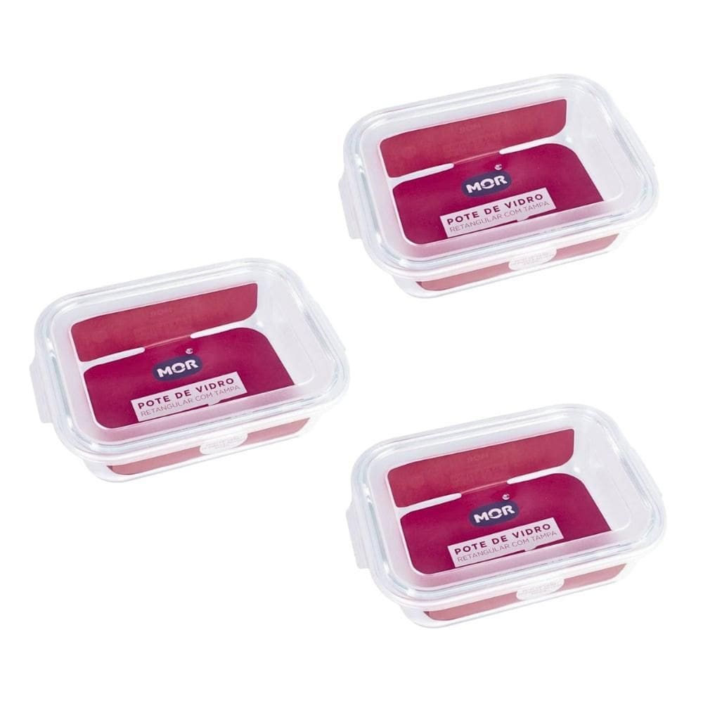 Kit 3 Potes Hermético Marmita de Vidro Retangular 640ml Mor