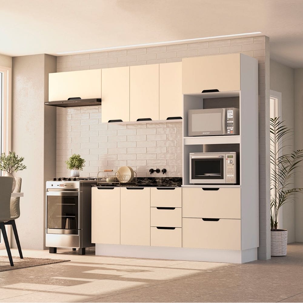 Cozinha Compacta 250058 4 Peças Meena Com Rodapé Branco Creme Politorno Móveis