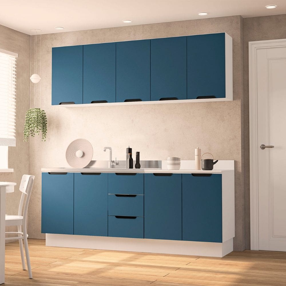 Cozinha Compacta 250059 4 Peças Meena Com Rodapé Branco Azul Politorno Móveis