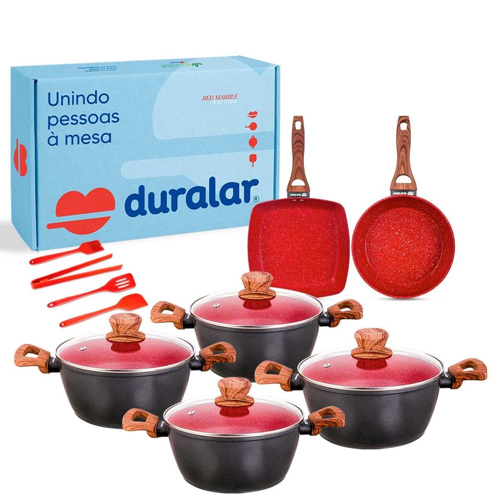 Jogo Panelas 10 Peças Vermelho Utensílios Silicone Duralar