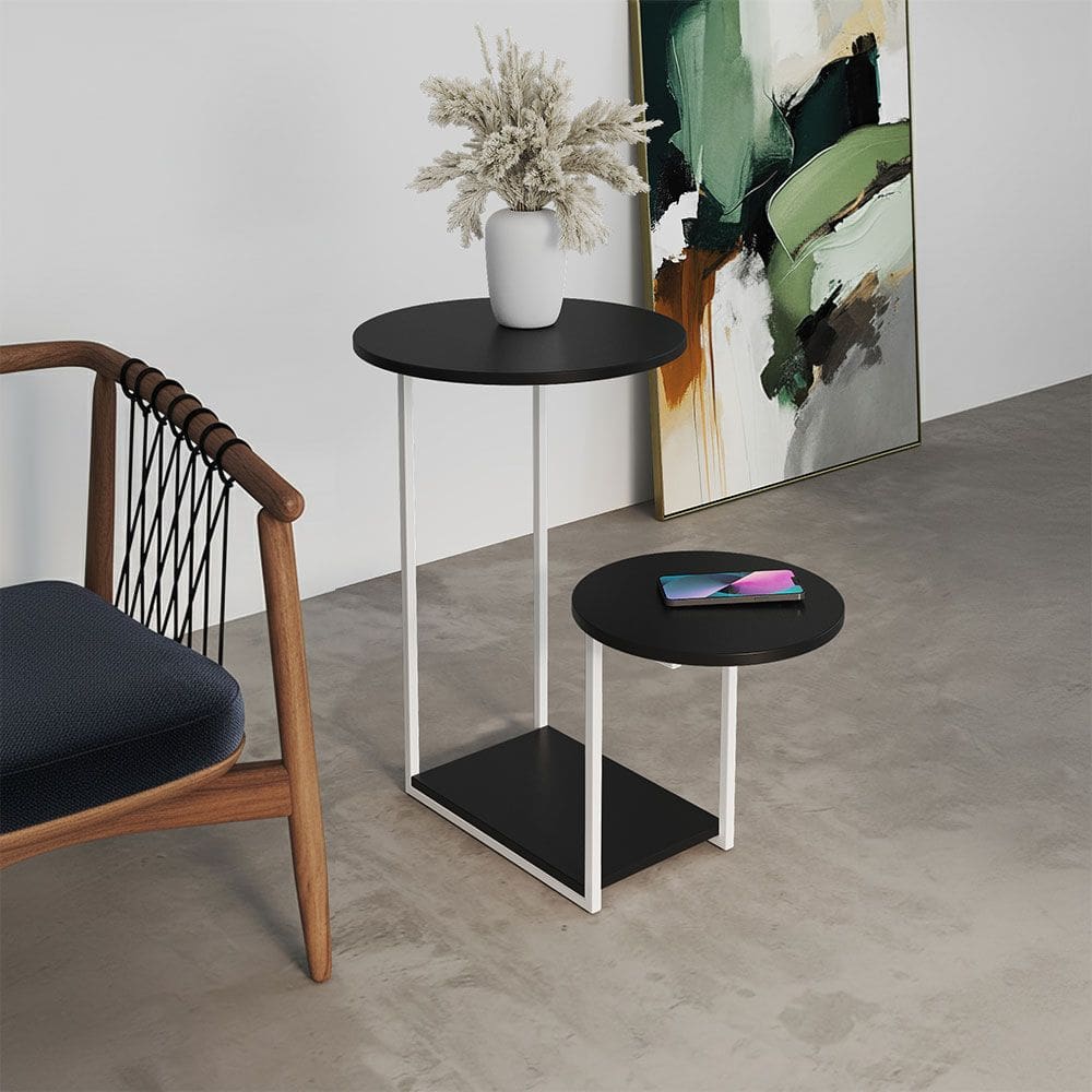 Mesa Auxiliar Cibele Ferro Branco Tampo Preto Redondo