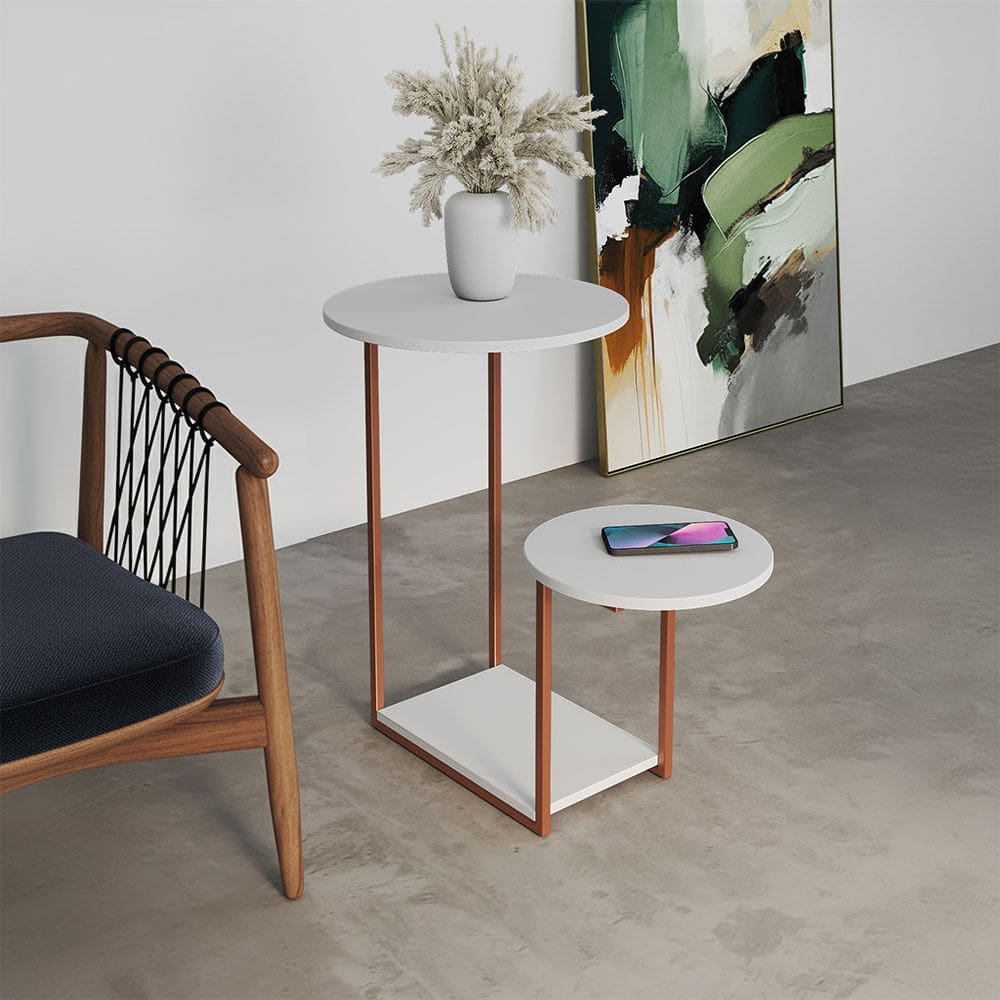 Mesa de Apoio Cibele Ferro Cobre Tampo Redondo Branco