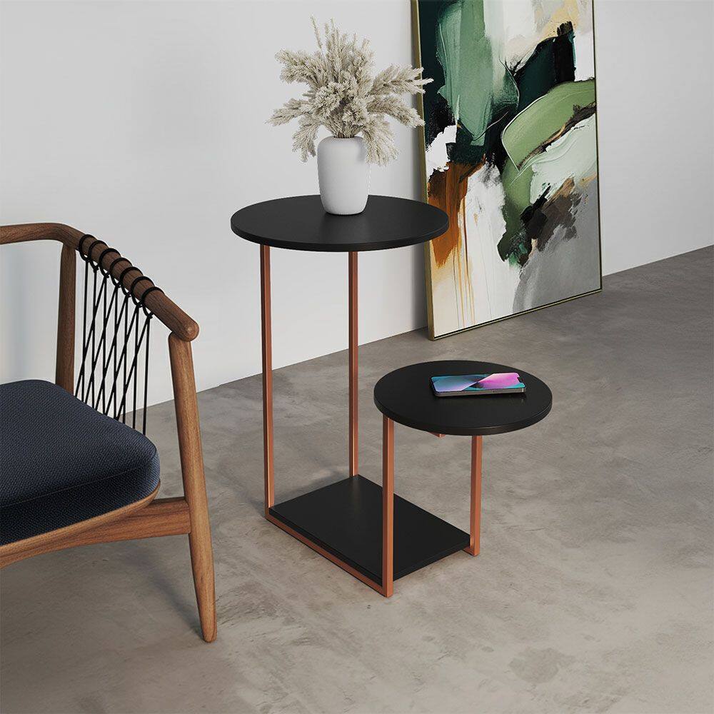 Mesa Auxiliar Ferro Cobre Tampo Redondo Preto Cibele