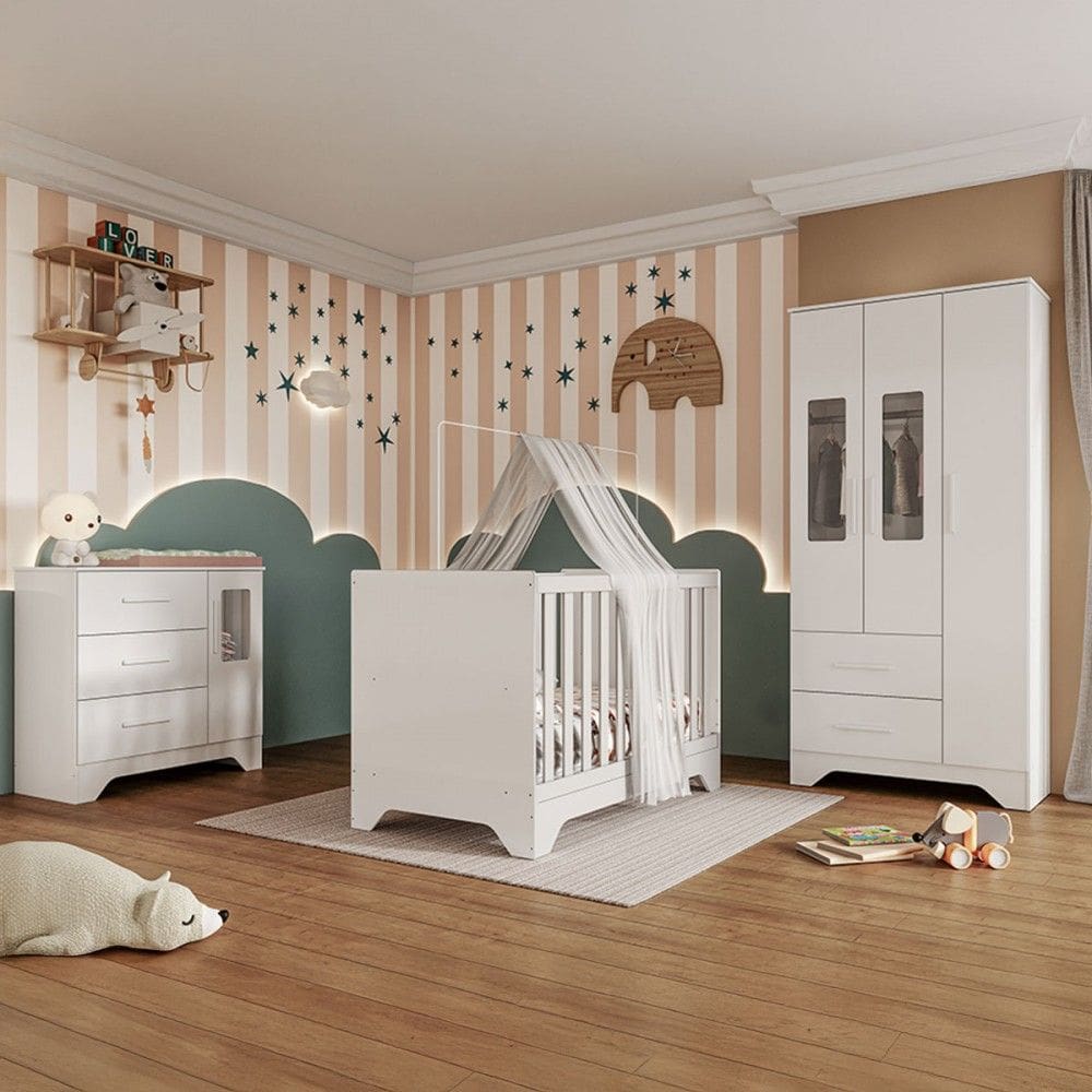Quarto de Bebê Completo Lili 100% Mdf 4 Portas 5 Gavetas Branco Brilho - Pnr Móveis