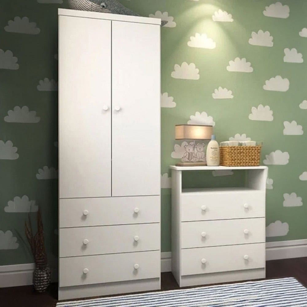 Quarto de Bebê Completo Bernardo 100% Mdf 2 Portas 6 Gavetas Branco Brilho - Pnr Móveis