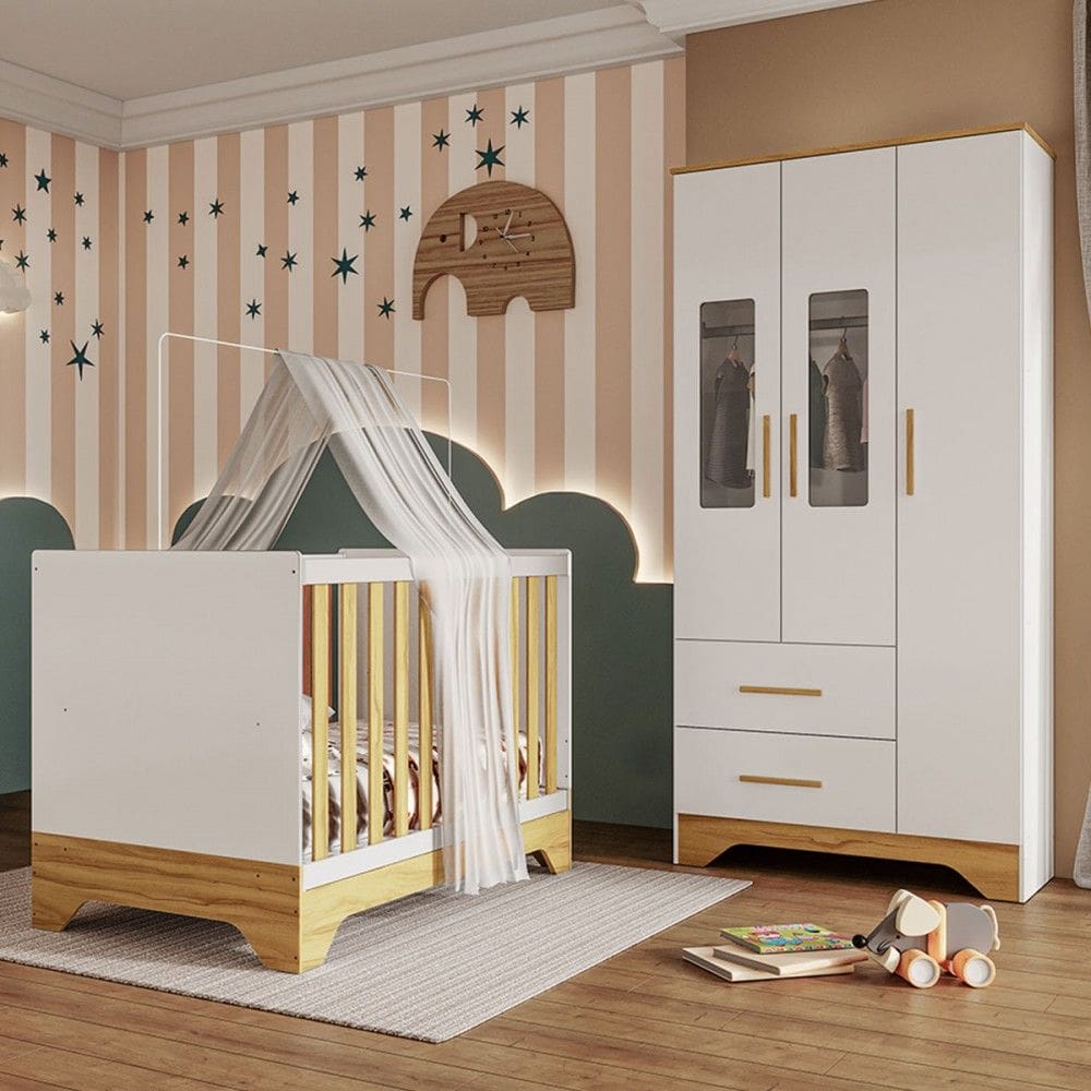 Quarto de Bebê Completo Sasha 100% Mdf 3 Portas 2 Gavetas Branco/Amêndoa - Pnr Móveis