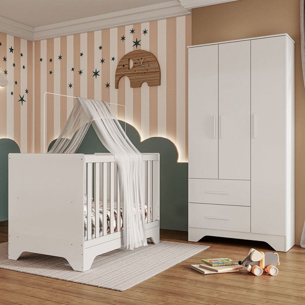 Quarto de Bebê Completo Sofi 100% Mdf 3 Portas 2 Gavetas Branco Brilho - Pnr Móveis