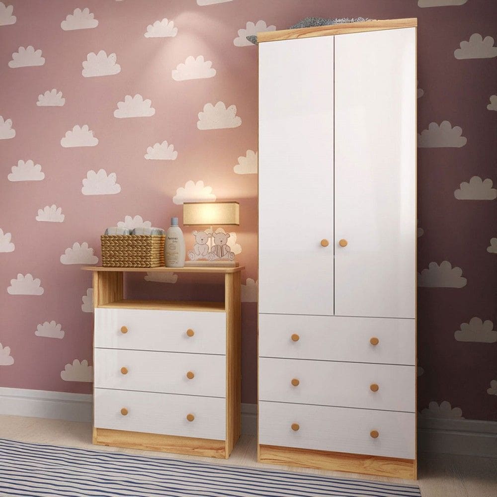 Quarto de Bebê Completo Bernardo 100% Mdf 2 Portas 6 Gavetas Branco/Amêndoa - Pnr Móveis