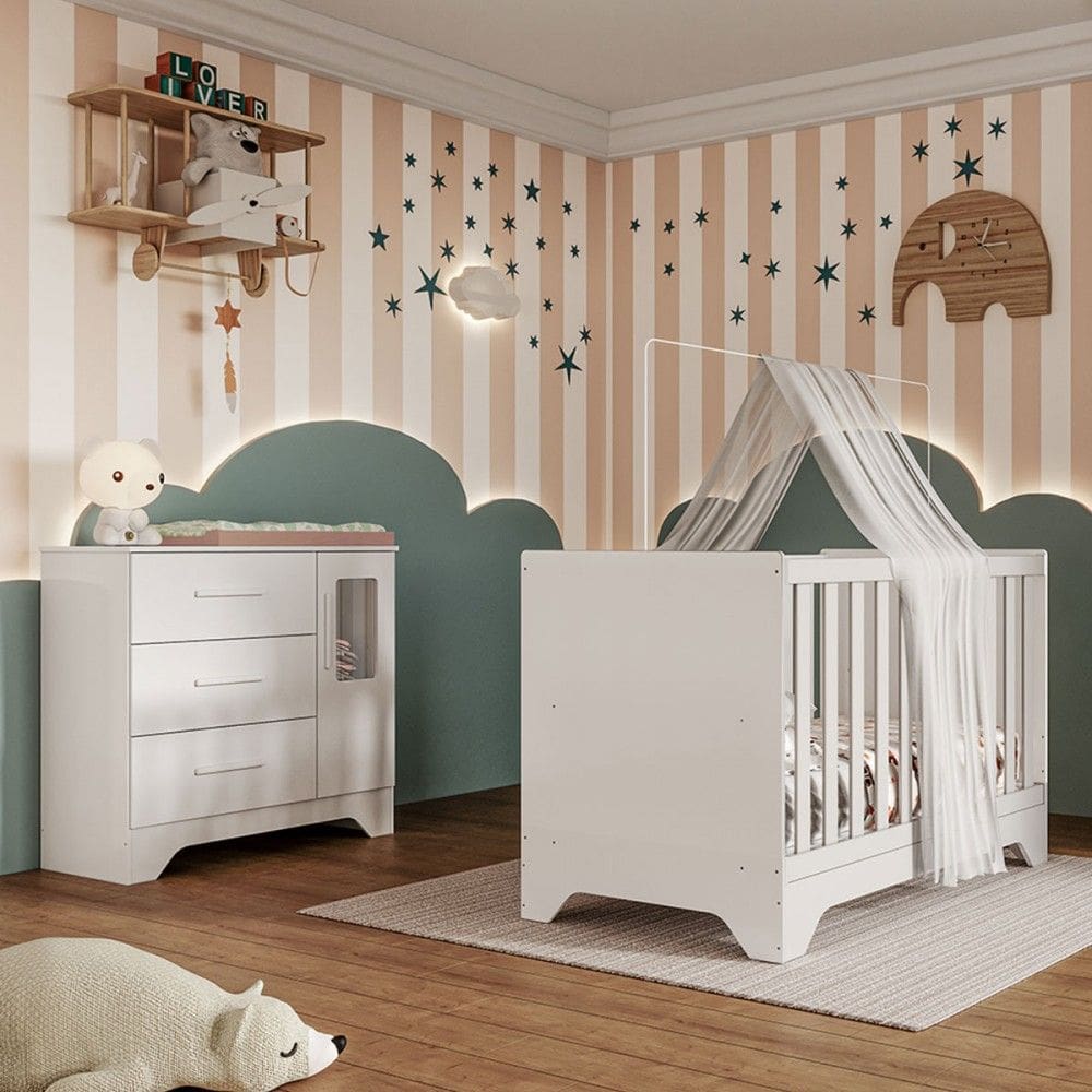 Quarto de Bebê Completo Gabi 100% Mdf 1 Porta 3 Gavetas Branco Brilho - Pnr Móveis