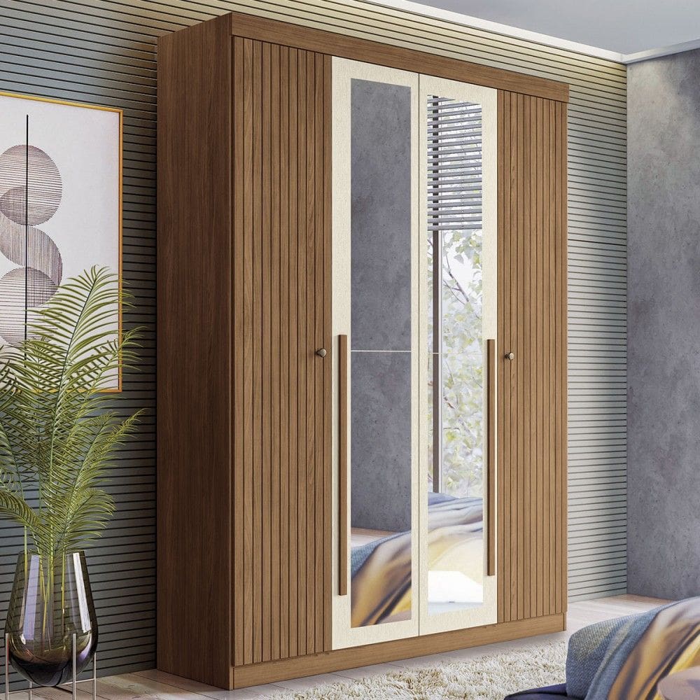 Guarda-Roupa Casal Loanda 4 Portas 2 Gavetas Ripado Flex Jatoba/Areia com Espelho - Pnr Móveis