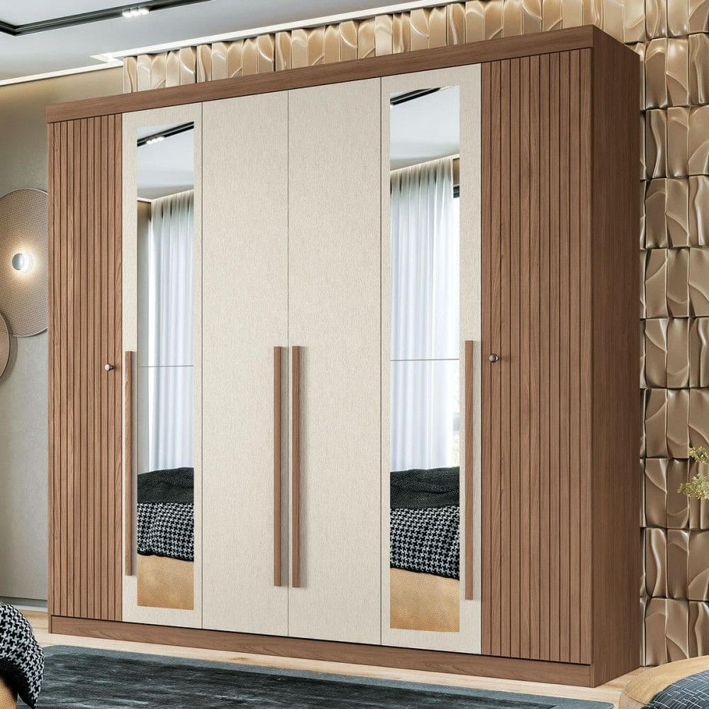 Guarda-Roupa Casal Loanda 6 Portas 4 Gavetas Ripado Jatoba/Areia com Espelho - Pnr Móveis