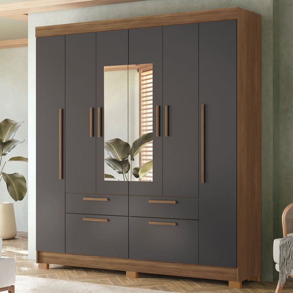 Guarda-Roupa Casal Pérola 6 Portas 4 Gavetas Jatoba/Grafite com Espelho - Pnr Móveis