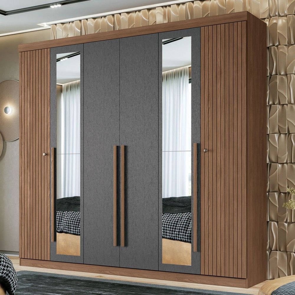 Guarda-Roupa Casal Loanda 6 Portas 4 Gavetas Ripado Jatoba/Grafite com Espelho - Pnr Móveis