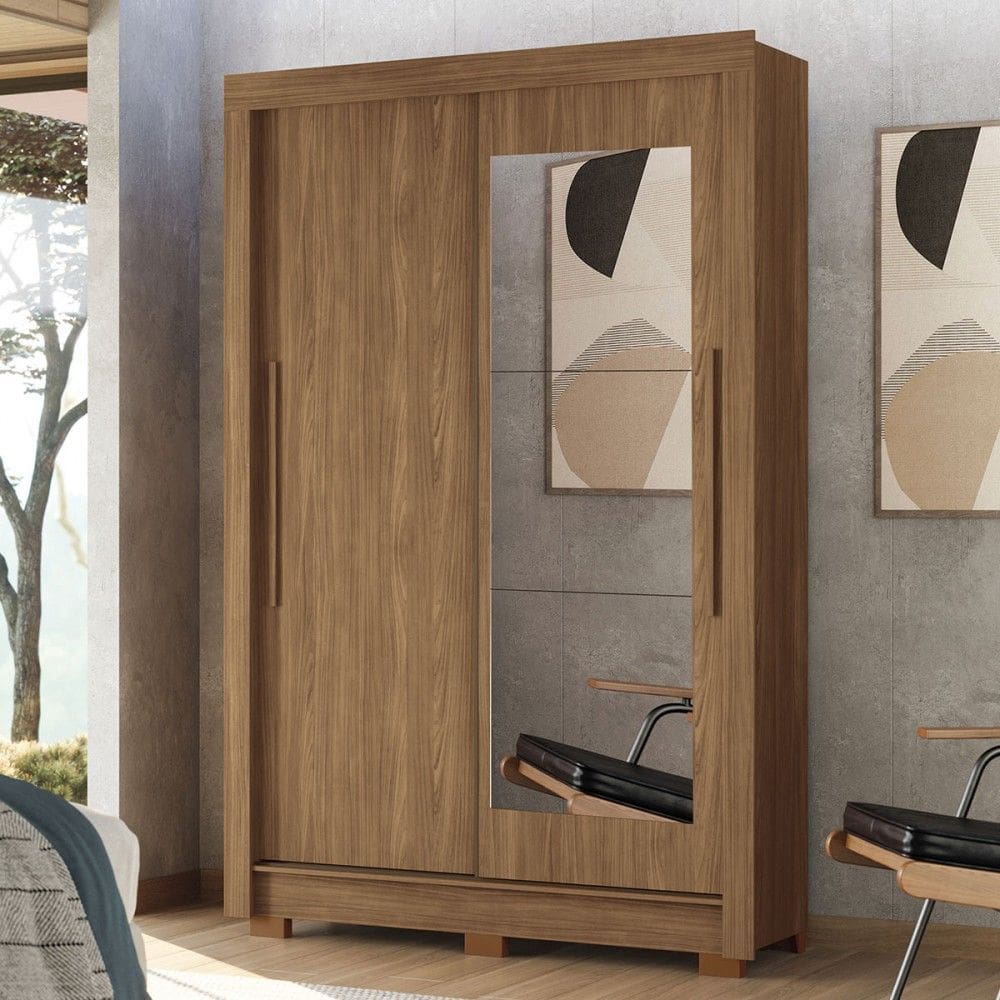 Guarda-Roupa Solteiro Jardins 2 Portas 2 Gavetas Jatoba com Espelho - Pnr Móveis