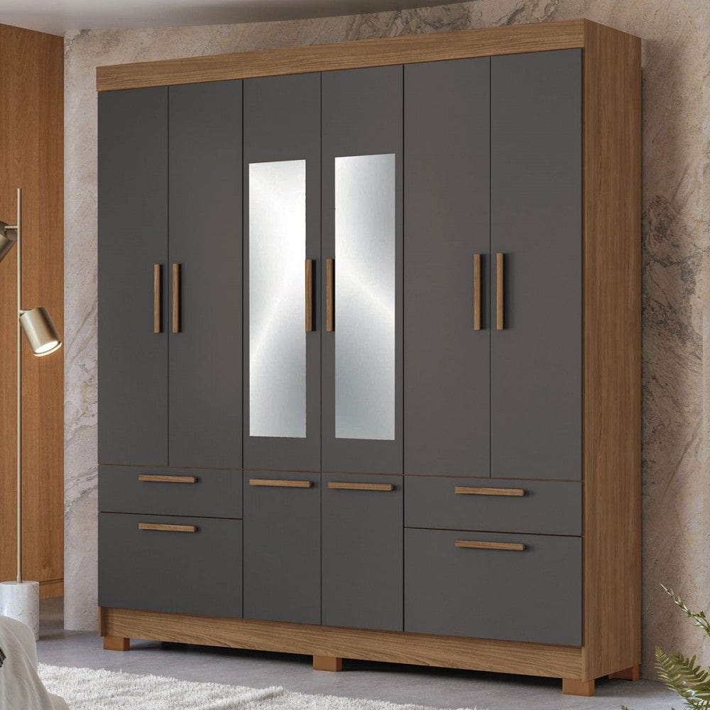 Guarda-Roupa Casal Marilena 6 Portas 9 Gavetas Jatoba/Grafite com Espelho - Pnr Móveis