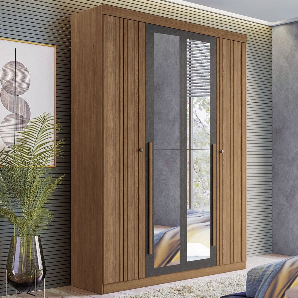 Guarda-Roupa Casal Loanda 4 Portas 2 Gavetas Ripado Flex Jatoba/Grafite com Espelho - Pnr Móveis