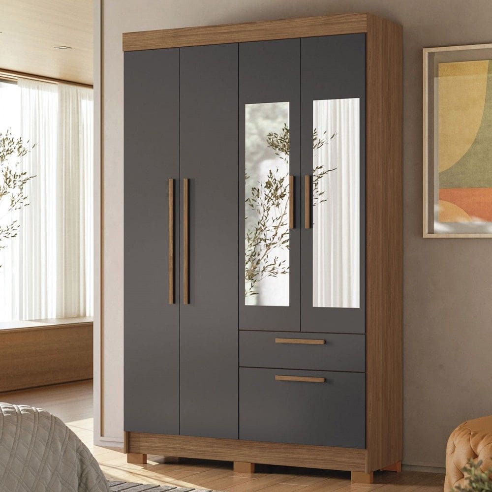 Guarda-Roupa Solteiro Sonora 4 Portas 2 Gavetas Jatoba/Grafite com Espelho - Pnr Móveis