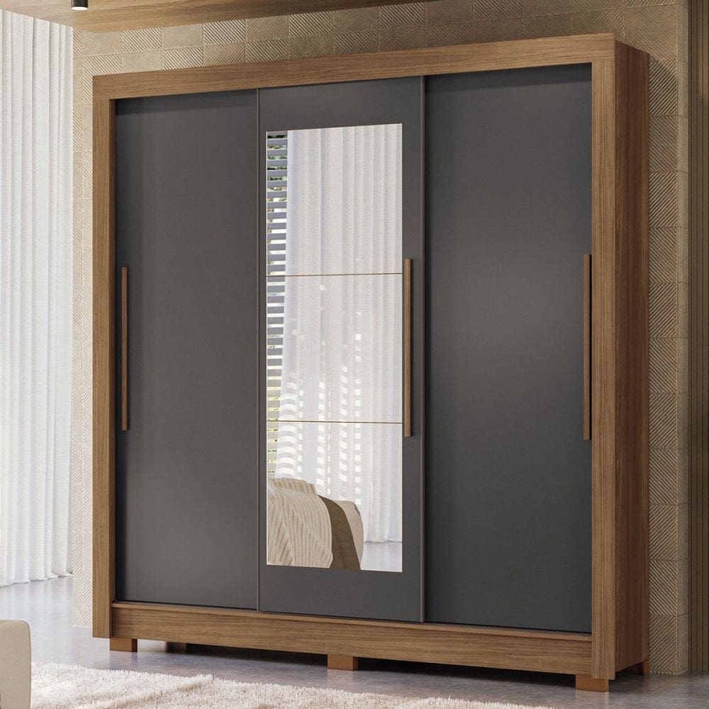 Guarda-Roupa Casal Palotina 3 Portas 2 Gavetas Jatoba/Grafite com Espelho - Pnr Móveis