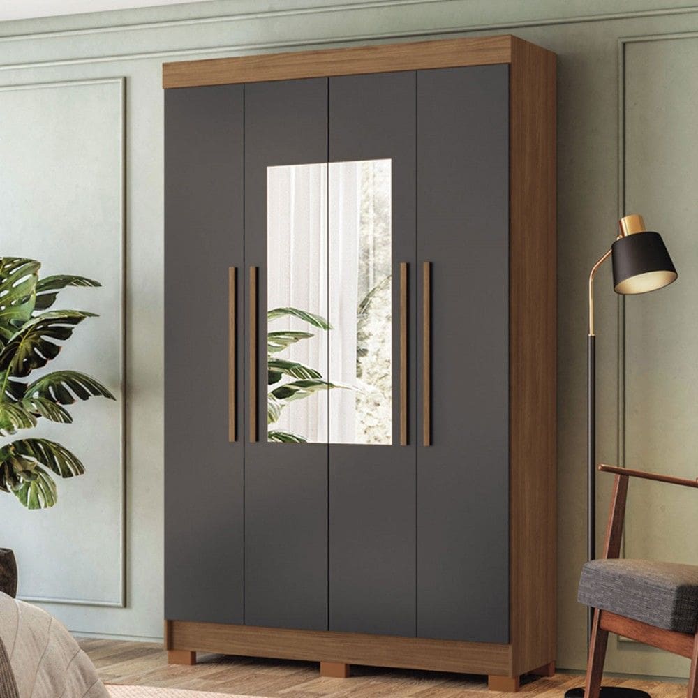 Guarda-Roupa Solteiro Iporá 4 Portas 2 Gavetas Jatoba/Grafite com Espelho - Pnr Móveis