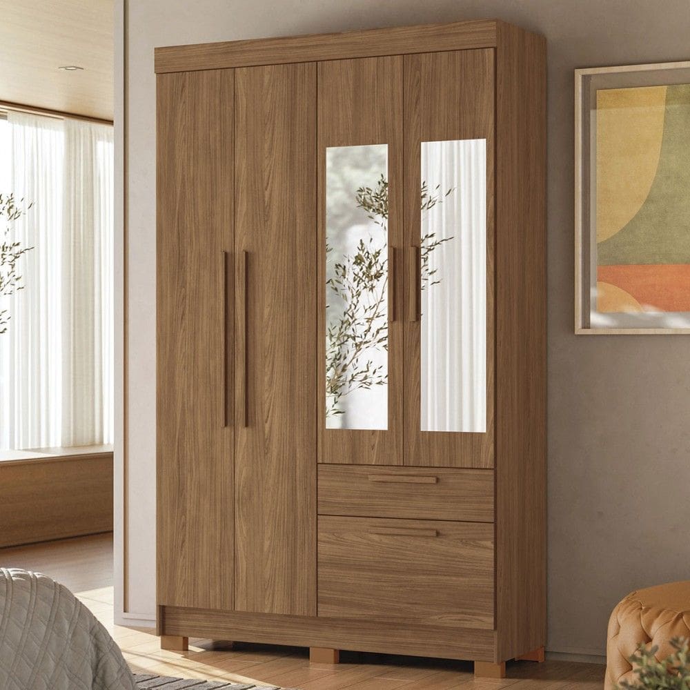 Guarda-Roupa Solteiro Sonora 4 Portas 2 Gavetas Jatoba com Espelho - Pnr Móveis