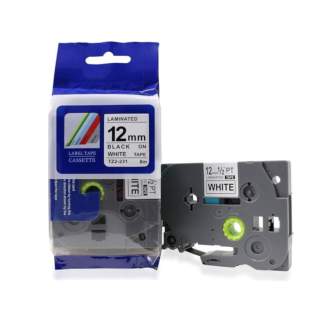 Fita para Rotulador Compatível Brother Tze, TZ2-231, 12mm x 8m, Branca, Escrita Preta Plástica Laminada