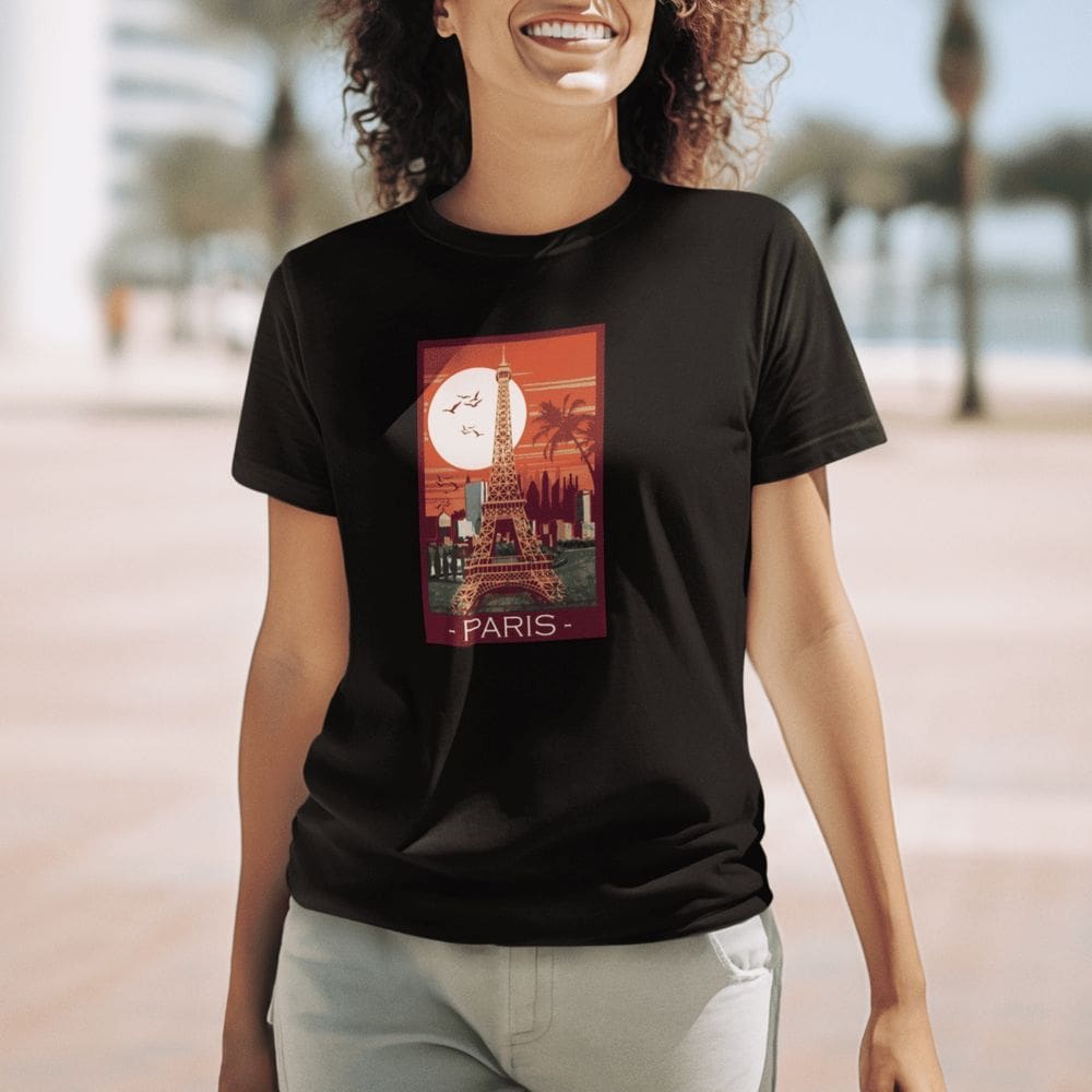 Camiseta Feminina Preta T-shirt Algodão Estampada Casual Paris