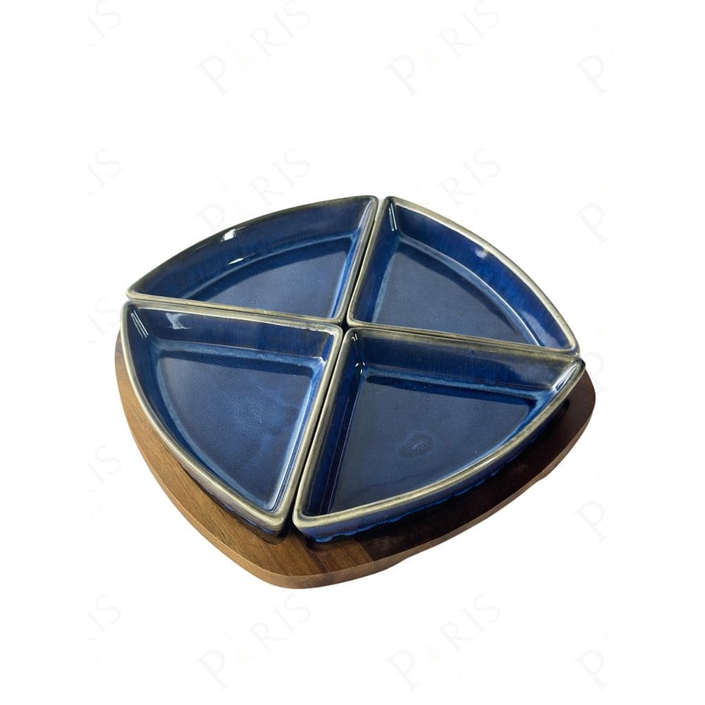 Petisqueira de Madeira com 4 Bowls de Cerâmica Azul UN0013 BTC