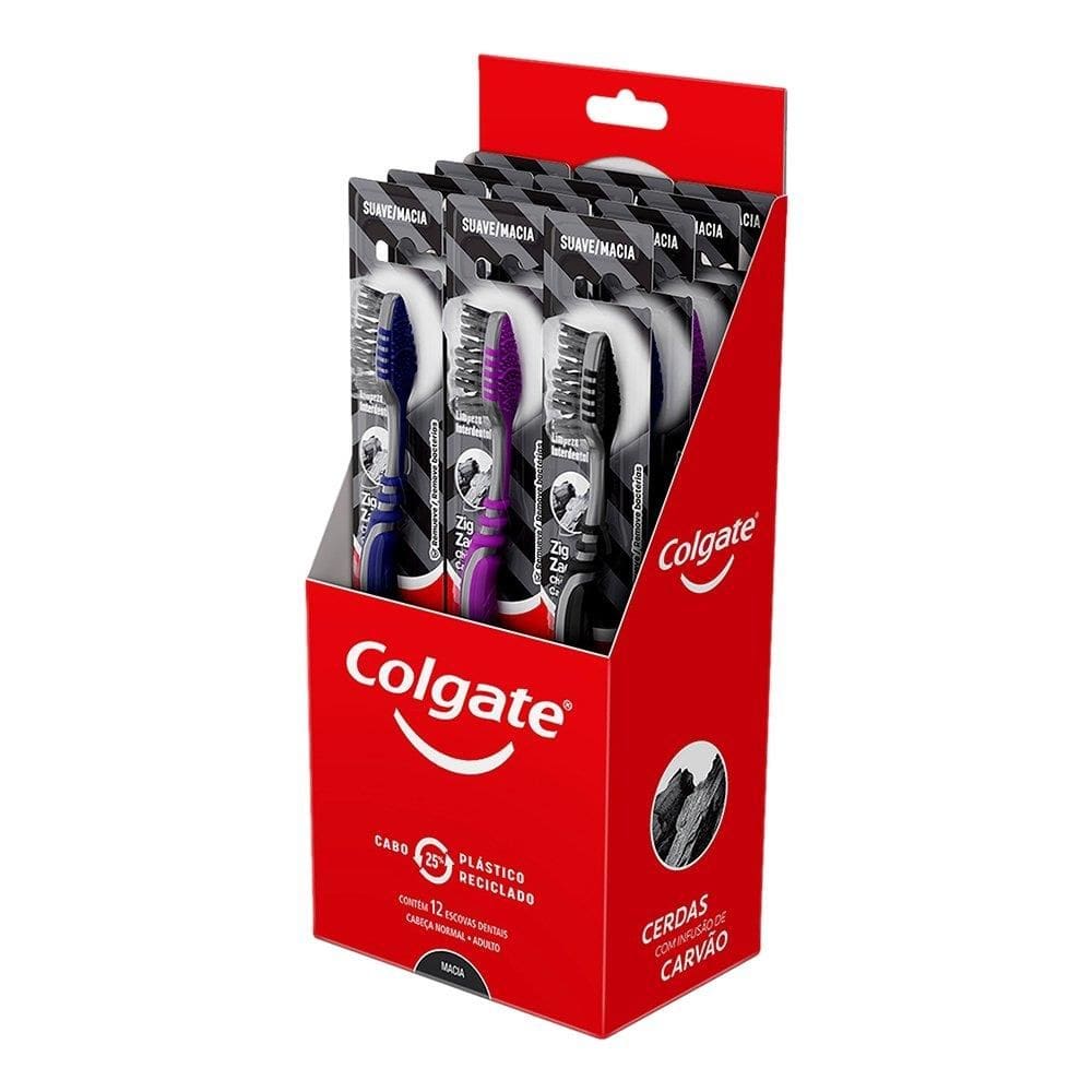Escova Colgate Infusão De Carvão Zig Zag - Embalagem com 12 Unidades