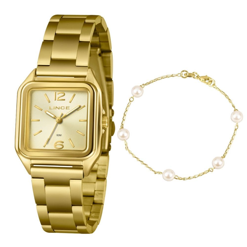 Kit Relógio Lince Feminino Dourado Quadrado Lqgm060l30 C2kx