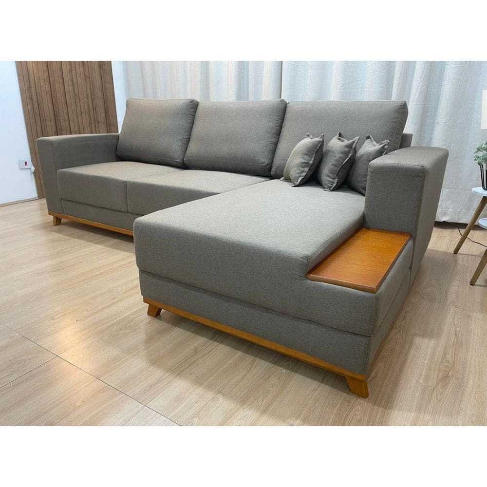 Sofá 3 Lugares 2,50 m Linho Marrom Chaise Aline Plus