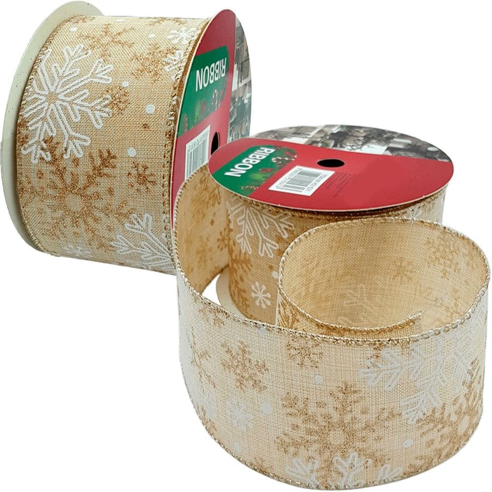 Rolos Fitas Aramada Flocos Neve Natal 6,3cm 9,14m Kit 5pçs