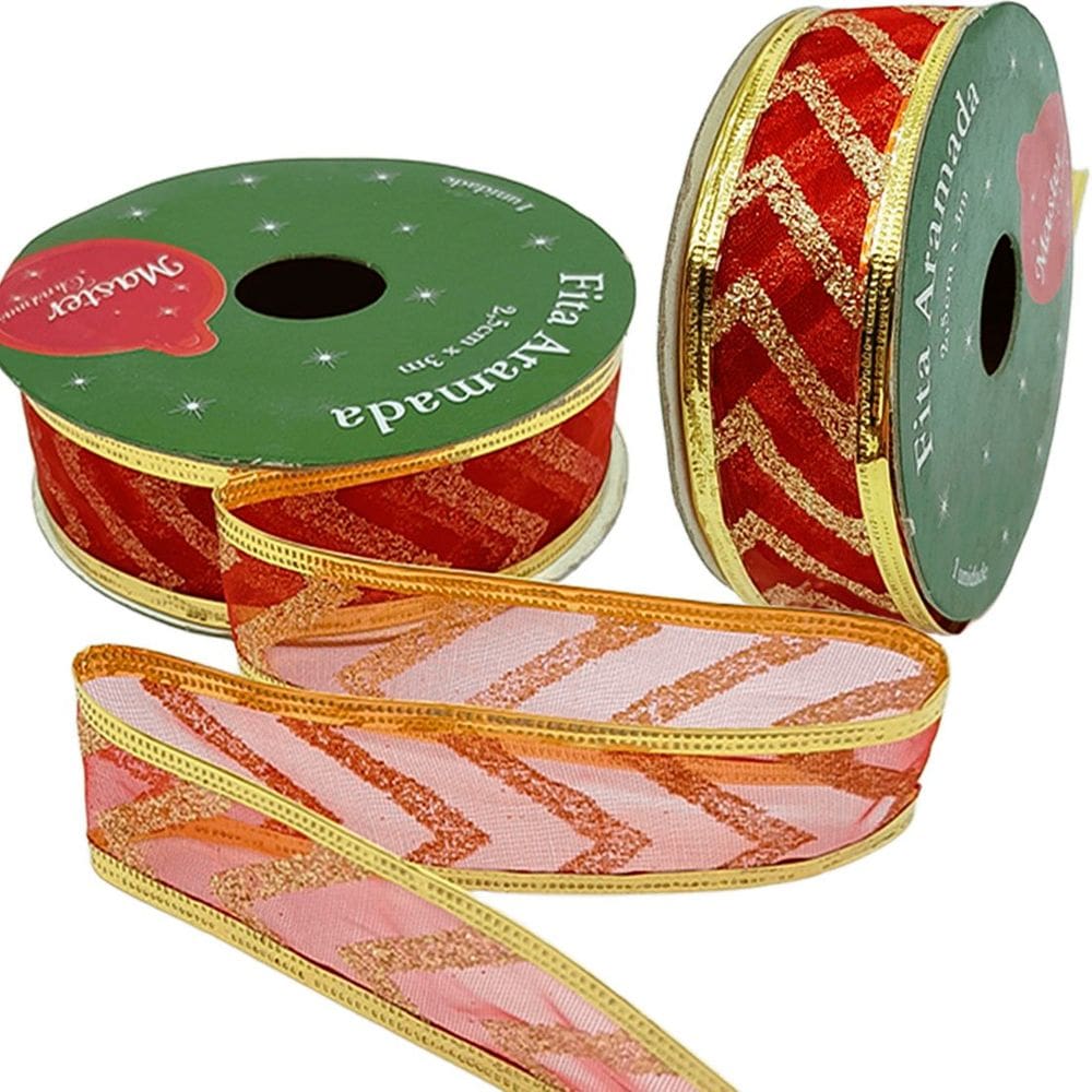 Rolos Fitas Aramada Enfeite Natal Gliter Kit 4pçs 2,5cm 3m
