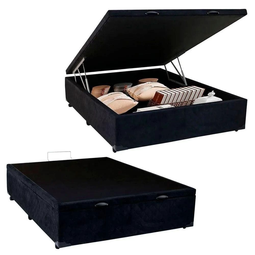Base Cama Box Bau Casal Preto Suede Premium 47x138x188 - Santo Box FR