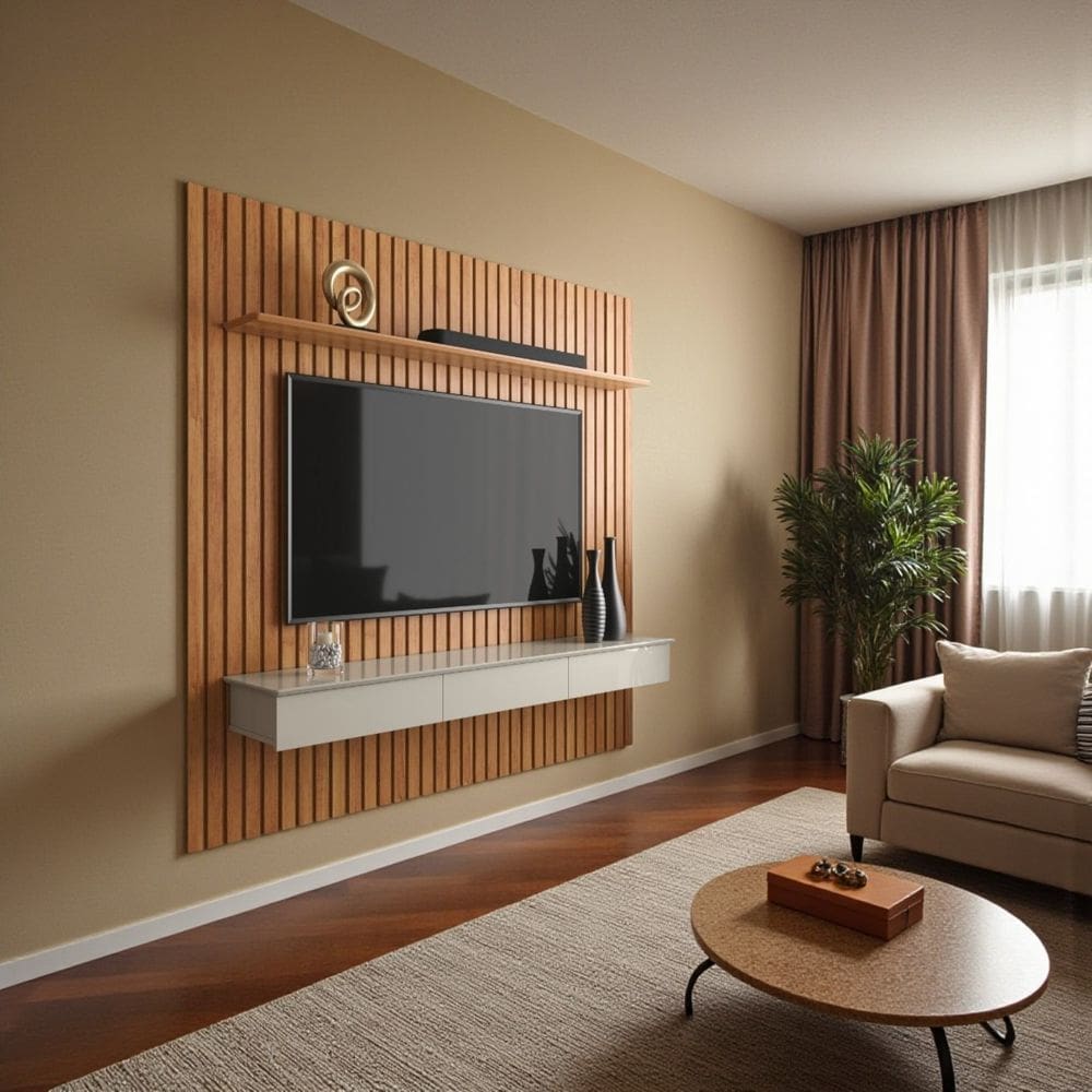 Painel Ripado para TV até 55” Home Antares Nicho 3 Gavetas e Prateleira Fixação na Parede Patrimar