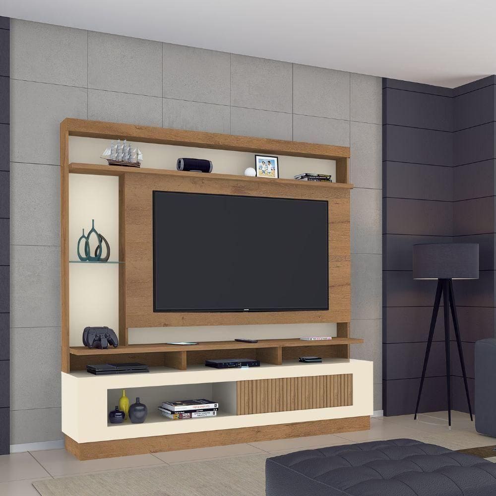 Estante Para Até 65” 1 Porta De Correr Canelato Off White Verona Atualle Branco