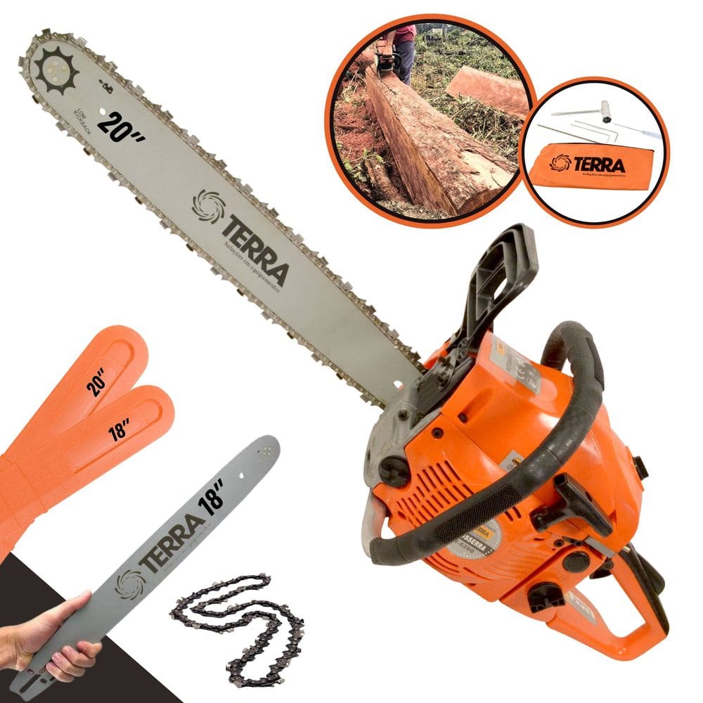 Motorsserra Motor Serra Motosserra Terra MT520 À Gasolina 2T 52cc 2,5HP de Potência Alta Rotação Com 2 Sabres e 2 Correntes