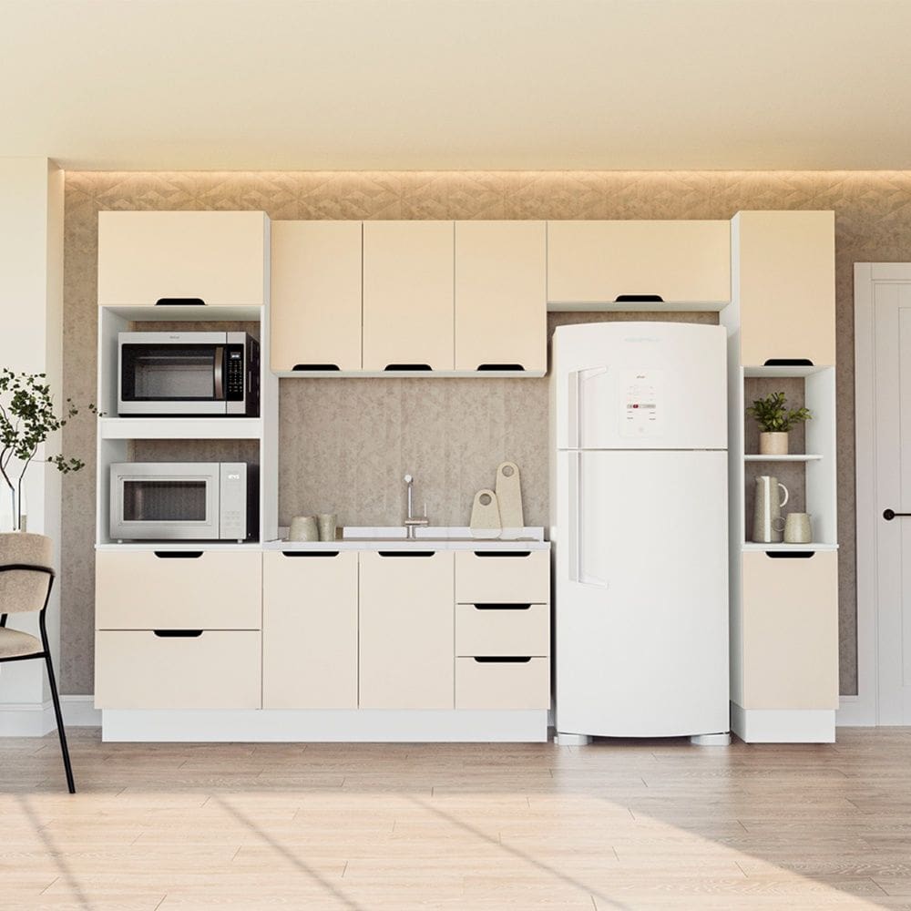Cozinha Compacta 250062 5 Peças Meena Com Rodapé Branco Creme Politorno Móveis