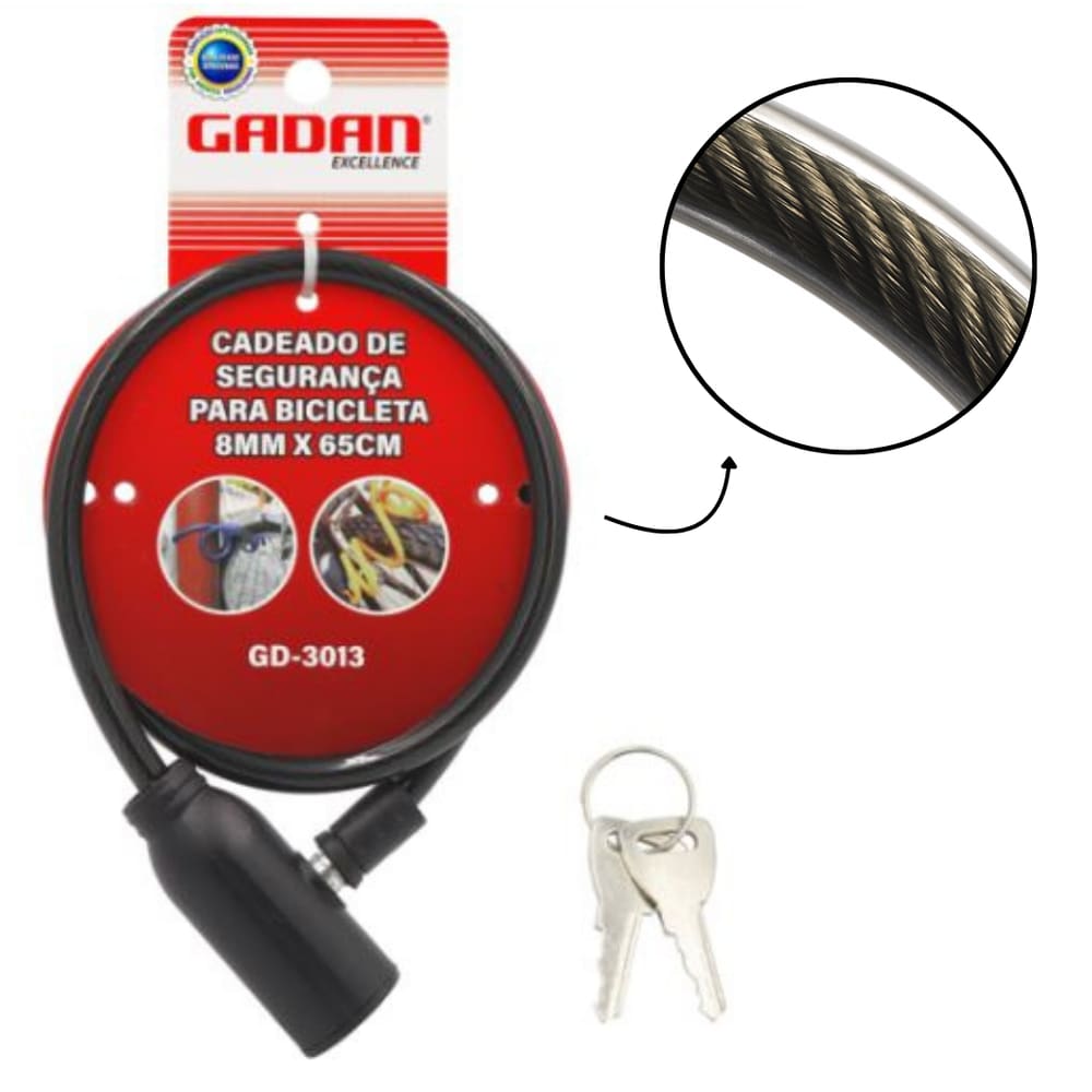 Trava com cadeado articulado para bicicleta Bike Portão 2 chaves cabo de aço 8mm x 650mm