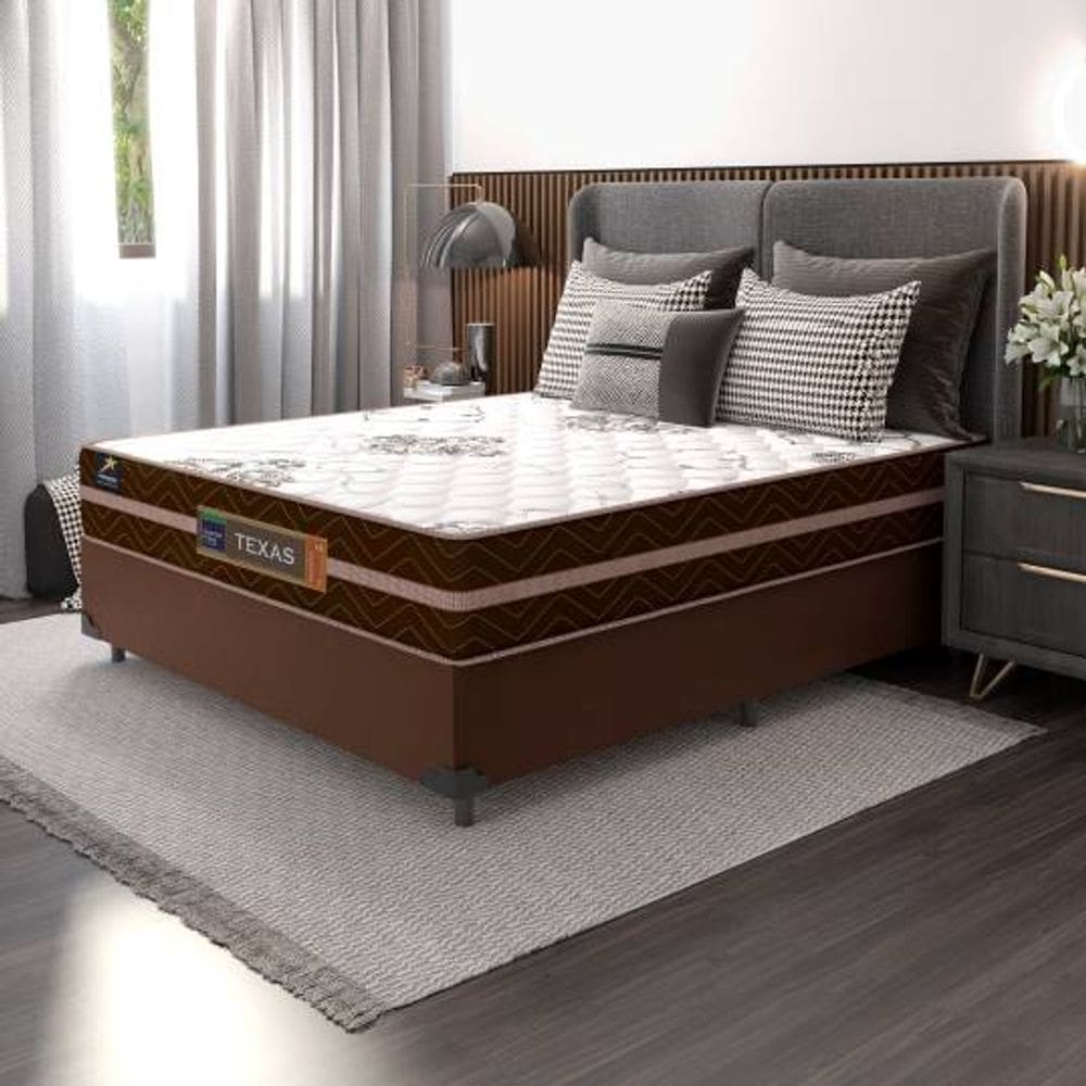 Conjunto Kit Cama Box Suede Casal com Colchão Texas Mola Ensacada Marrom 138x188