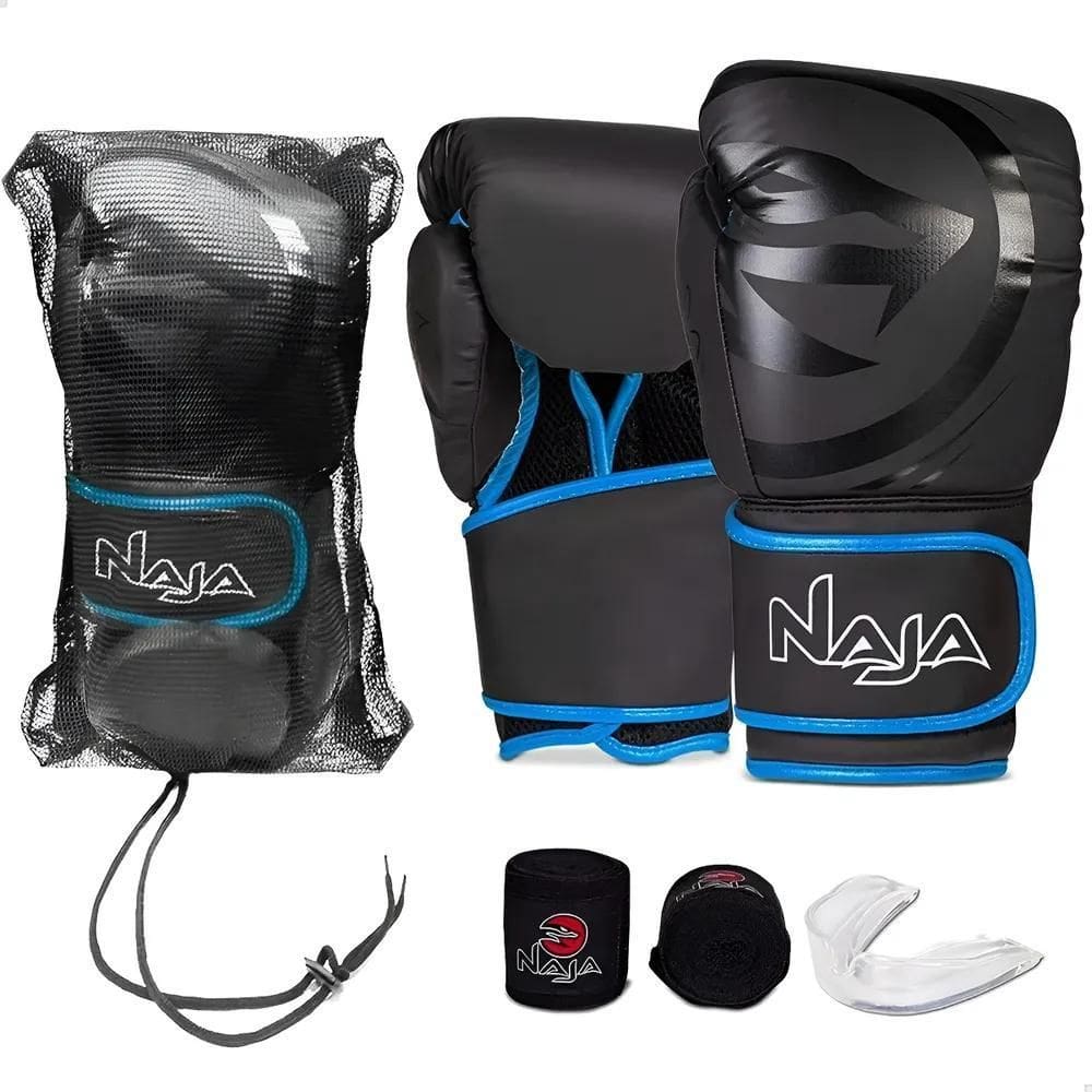 Kit Boxe Muay Thai Naja Black Line - Luva + Bucal + Rosa 12