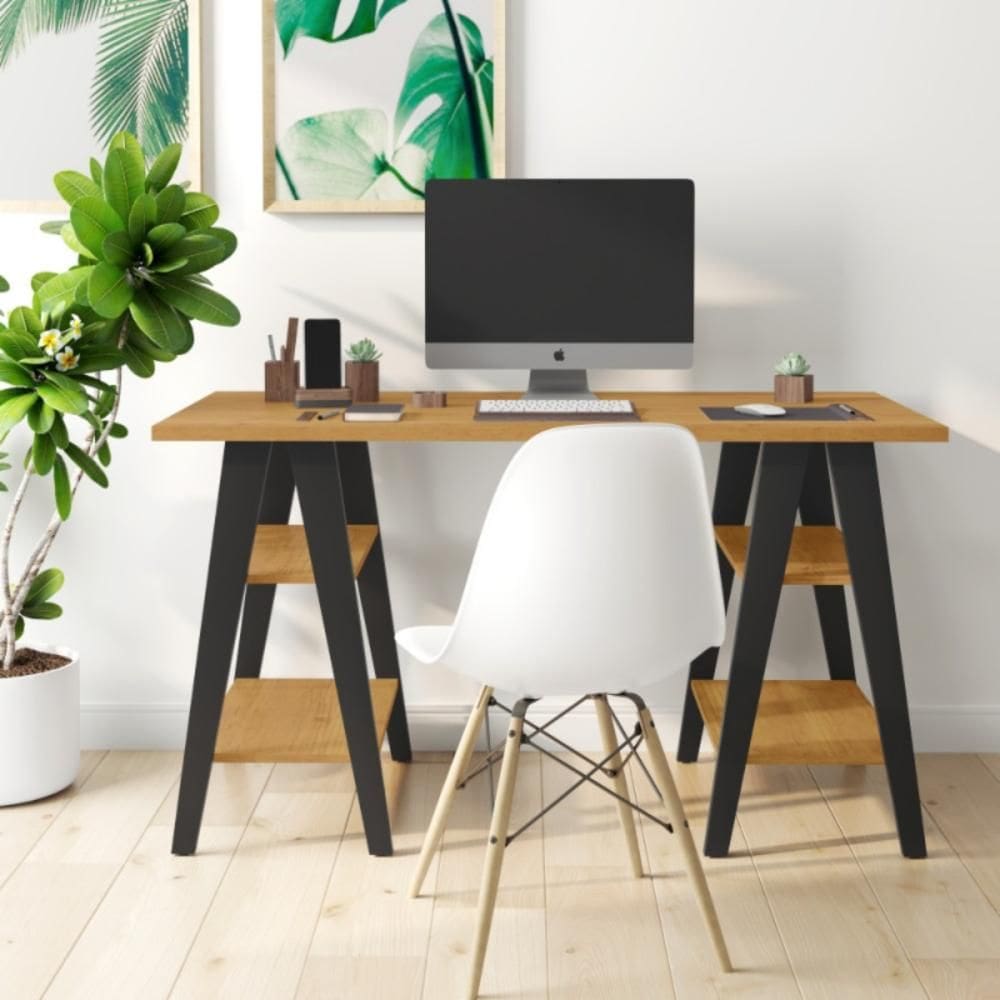 Mesa Escrivaninha Trípoli 1,35x0,66 Tampo 30mm 4 Prateleiras Preto Pes Madeira