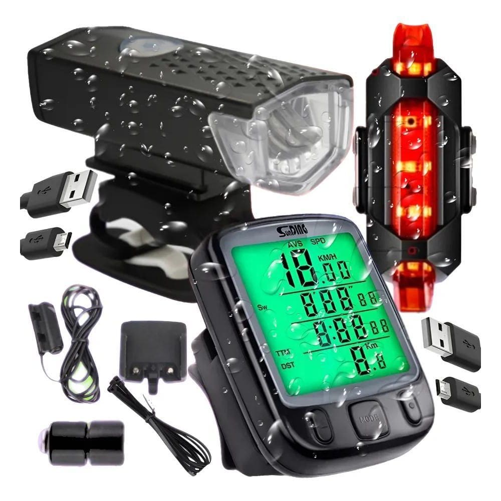 Kit Bike Farol Lanterna Recarregável E Velocimetro Not Preto