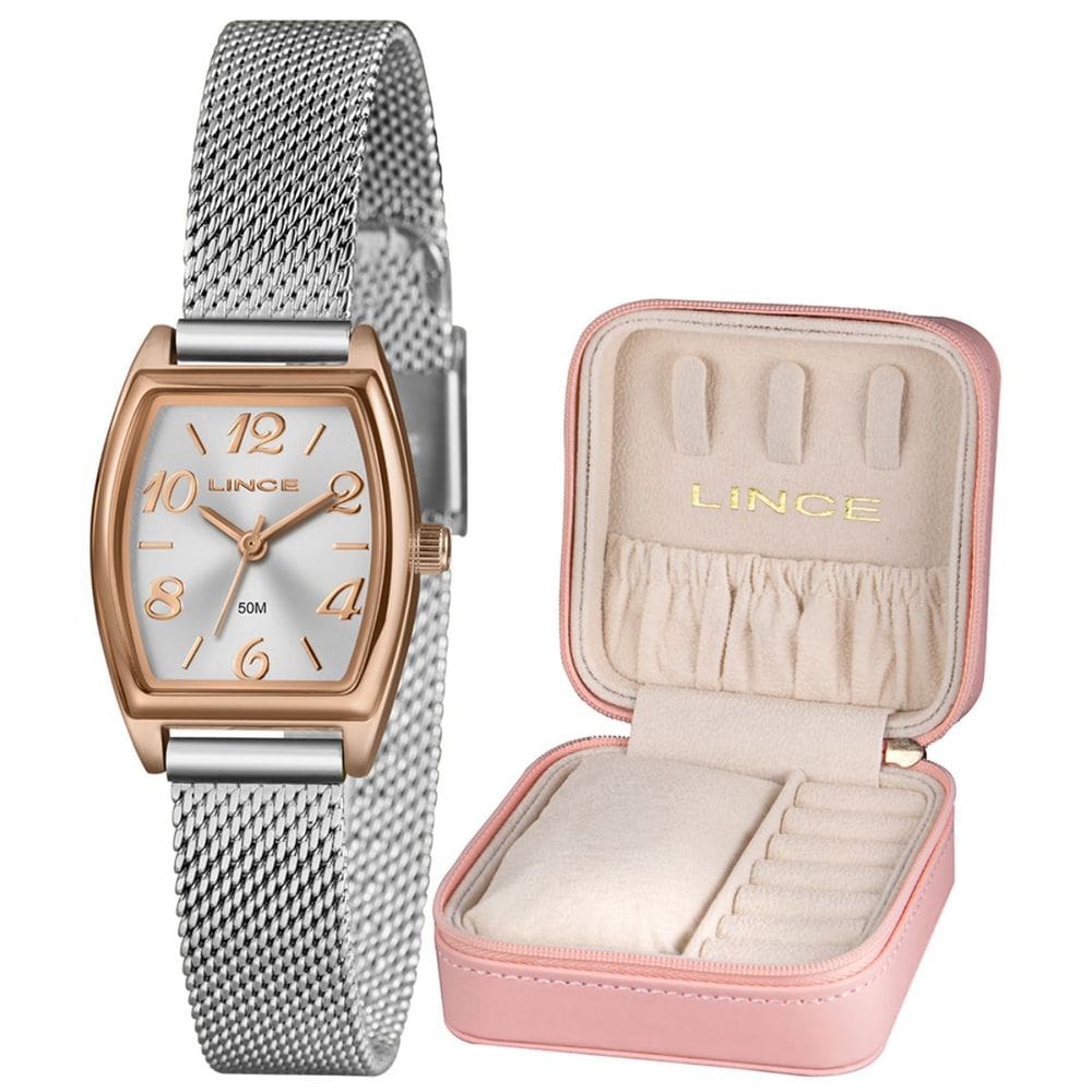 Kit Relógio Lince Feminino Quadrado Prata/Rose Lqth278l22 S2sx
