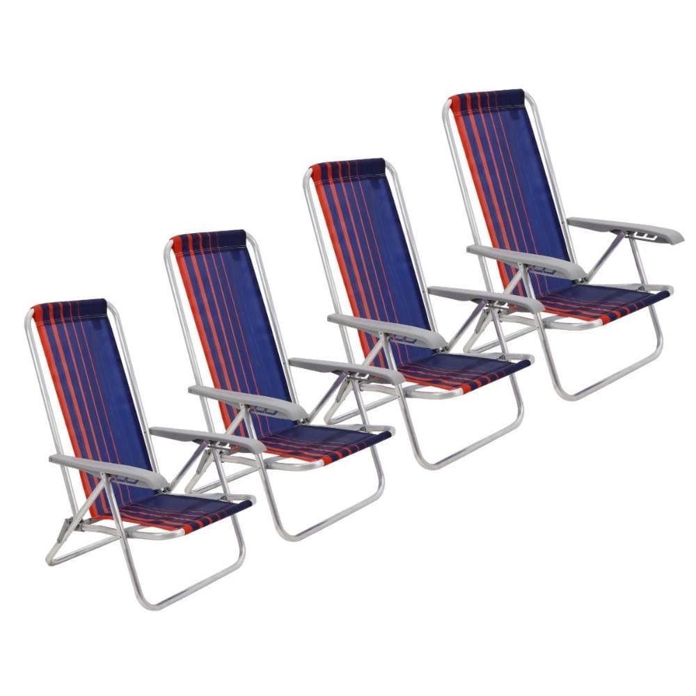 Kit 4 Cadeira De Praia Camping Reclinável Alumínio Bali Azul Marinho Tramontina